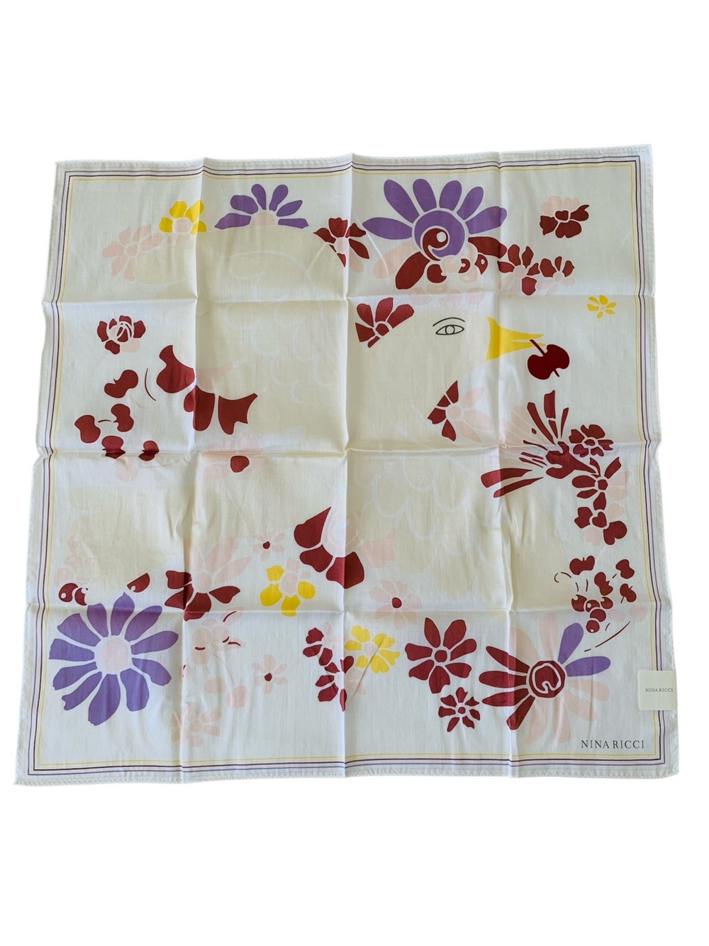 NWT Nina Ricci Cotton Handkerchief Scarf Floral Bird Print 22” Square